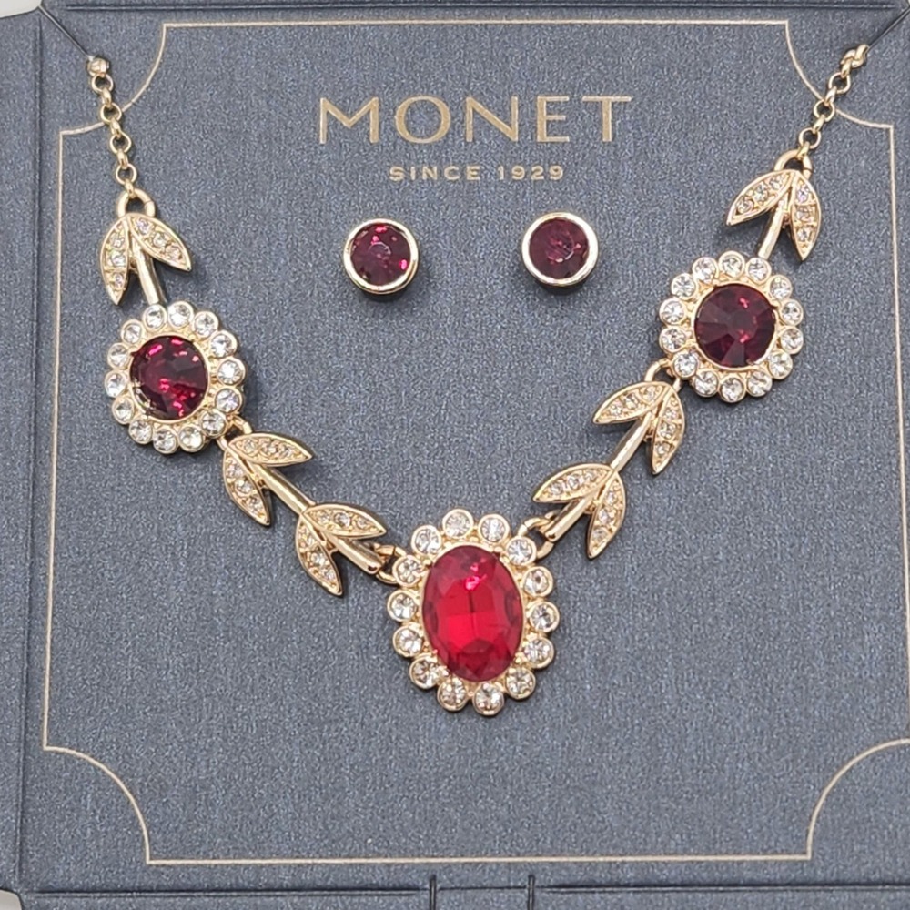 Monet Red Crystal Bib Necklace and Stud Earrings Set Gold Tone Glam Prom Evening